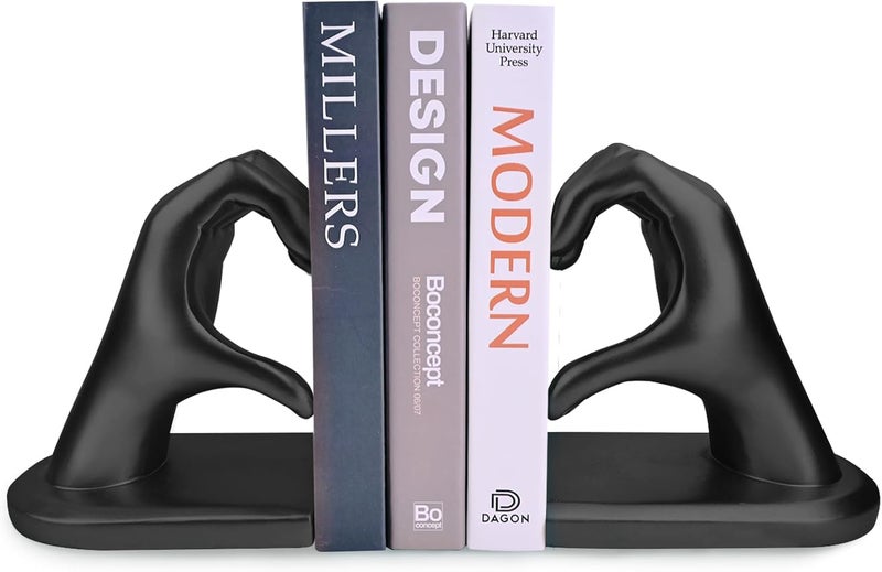 Kityemo Black Decorative Bookends for Shelves, Heart Hands Book Ends Sculpture Aesthetic Decor for Bedroom Living Room Merch Apartment Bookshelf Birthday Women Decorations Stuff Aesthetic - Image 1
